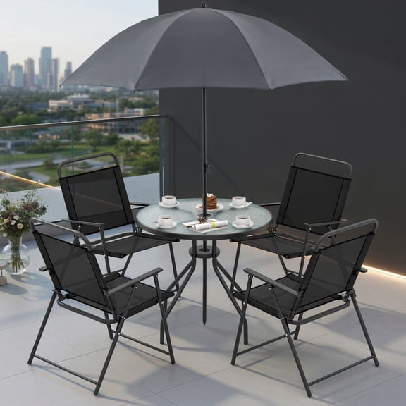 Barara King Patio Dining Sets, Patio Table and Chairs Set, 6 Pieces Patio Dining Set Folding Chairs Glass Table Tilt Umbrella for Garden-Gray