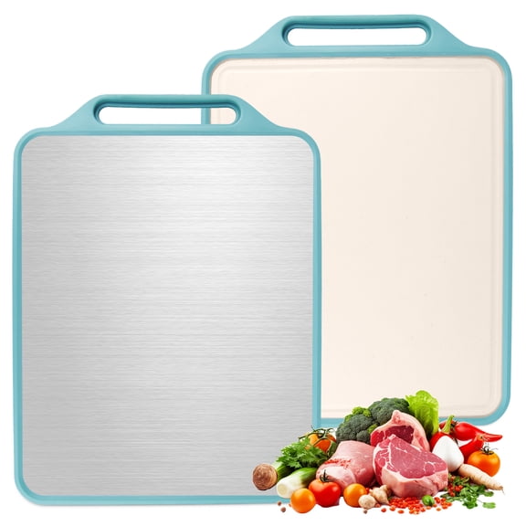 Stainless Steel Cutting Board for Kitchen, Non Toxic 2 in 1 Double Sided Cutting Board, Food Grade Stainless Steel & Wheat Straw PP, Meat & Vegetable Chopping Boards, Easy to Clean Large Size 15”×12”