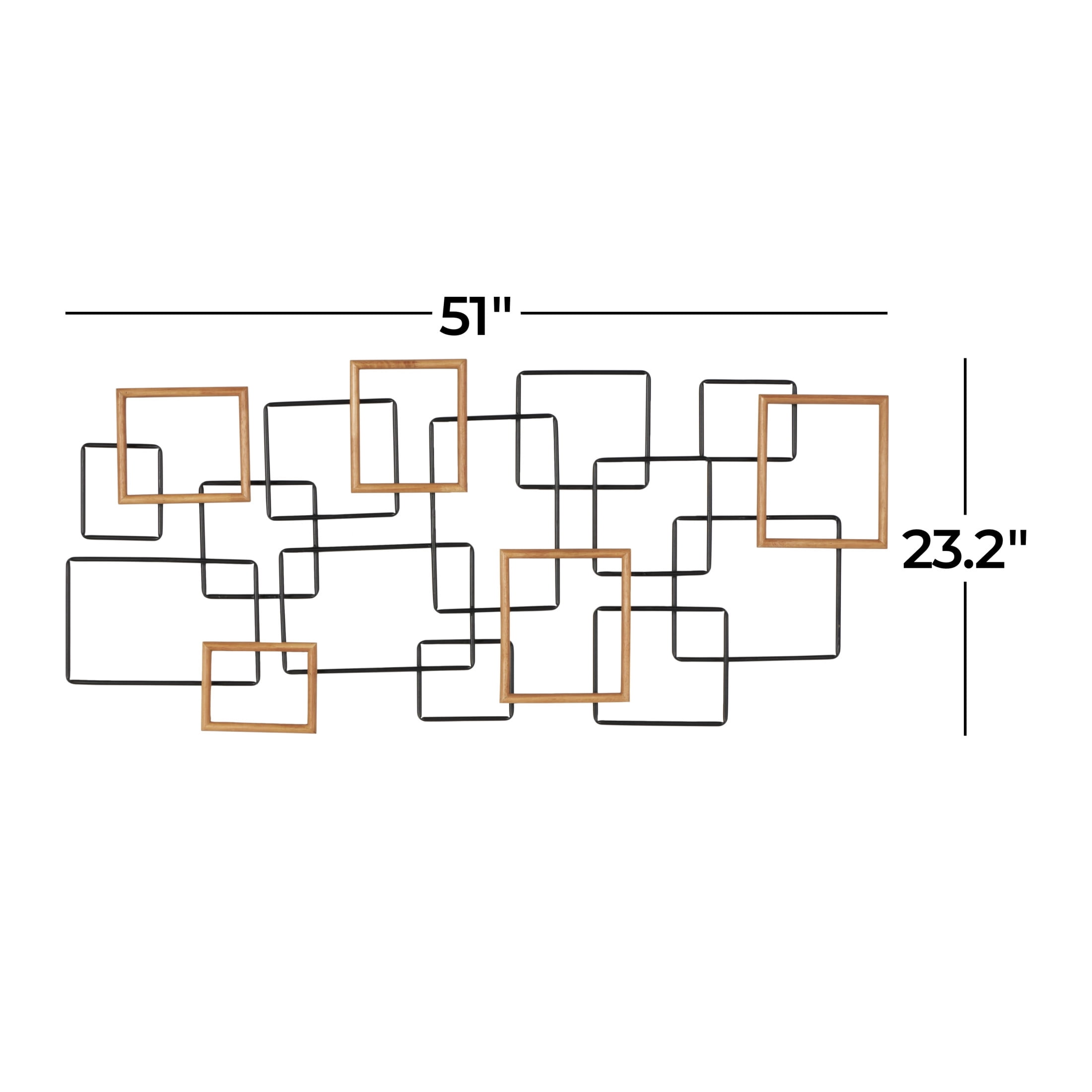 DecMode Black Metal Overlapping Wire Square Geometric Wall Decor with Gold Accents