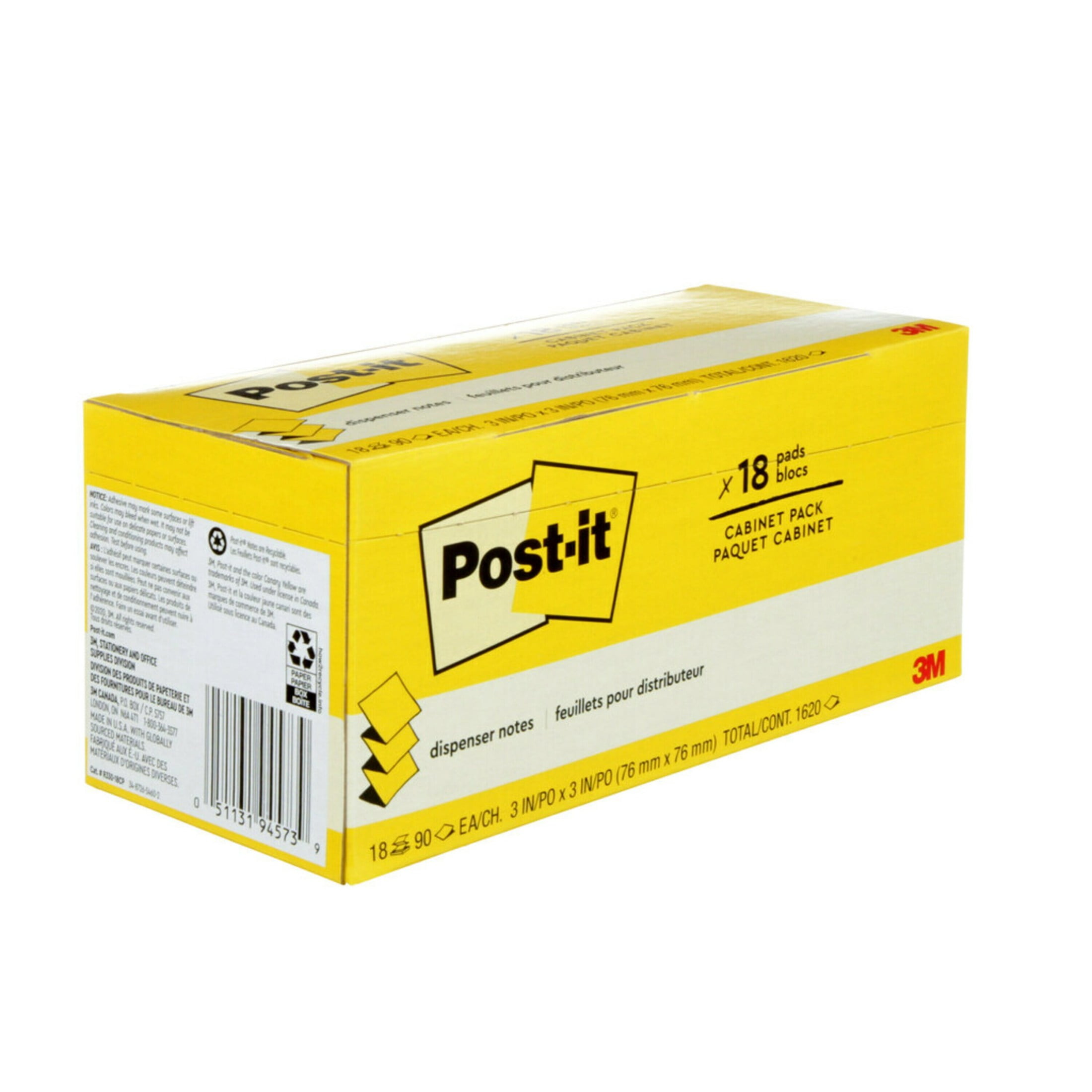 Post-it Dispenser Pop-up Notes, 3 in x 3 in, Canary Yellow, 18 Pads