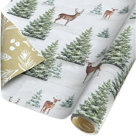 60 sq. ft. Reversible Farmhouse Christmas Wrapping Paper, Deer (1 Roll, 30 in. x 288 in.)