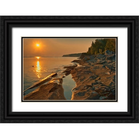 Jaynes Gallery 24x17 Black Ornate Wood Framed with Double Matting Museum Art Print Titled - Canada-Ontario-Bruce Peninsula National Park Sunset on limestone rock