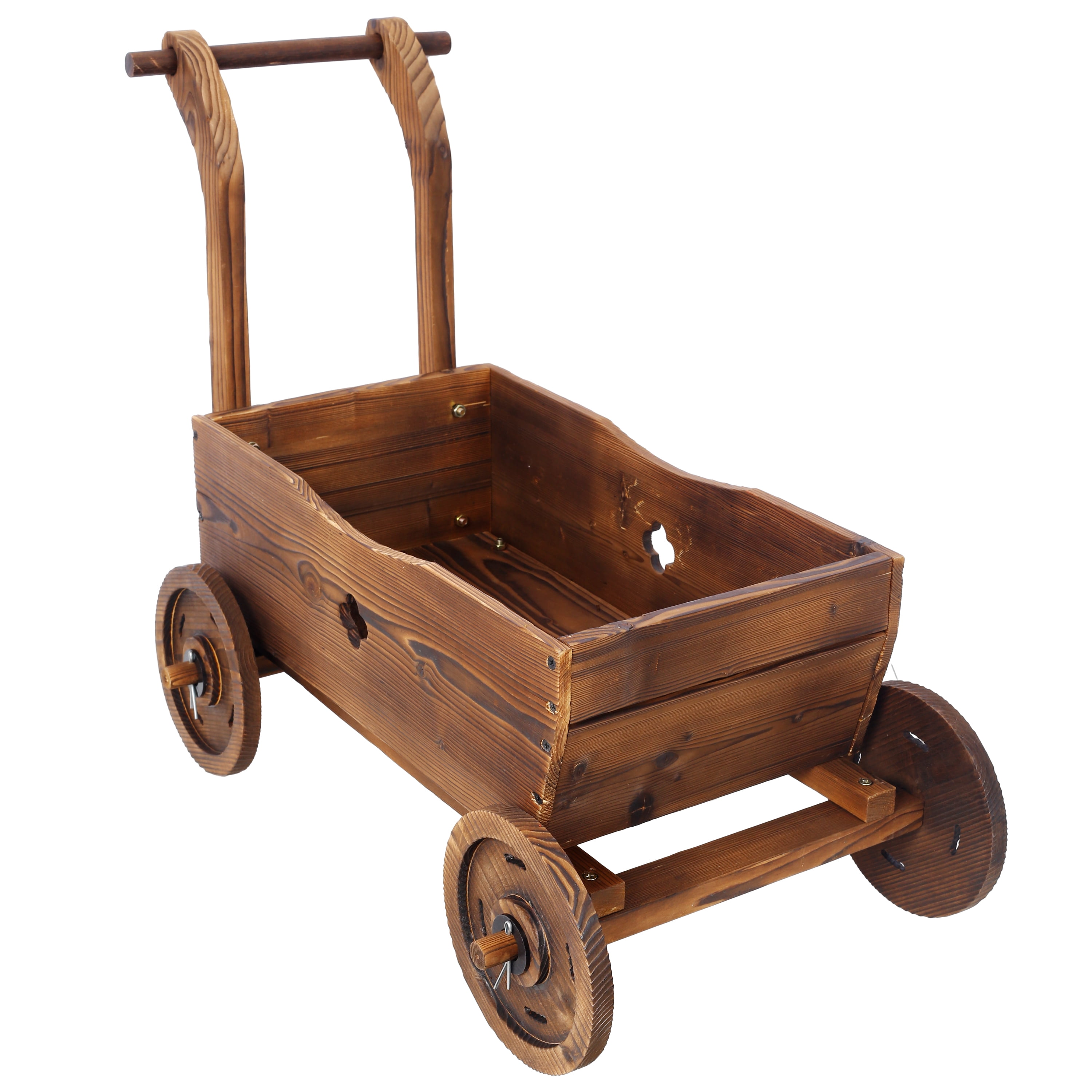 Wooden Wagon Planter Box Mobile Garden Planter with 4 Wheels Handle Drain Hole Decorative Flower Planter Indoor Outdoor for Patio Garden Balcony Brown