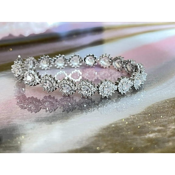 ADIRFINE 925 Sterling Silver Heart Cubic Zirconia Halo Tennis Bracelet