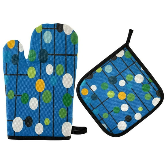 Yayeee Oven Mitts and Pot Holder Set of 2 Heat Resistant Kitchen Gloves Baking Hot Pad, Blue Abstract