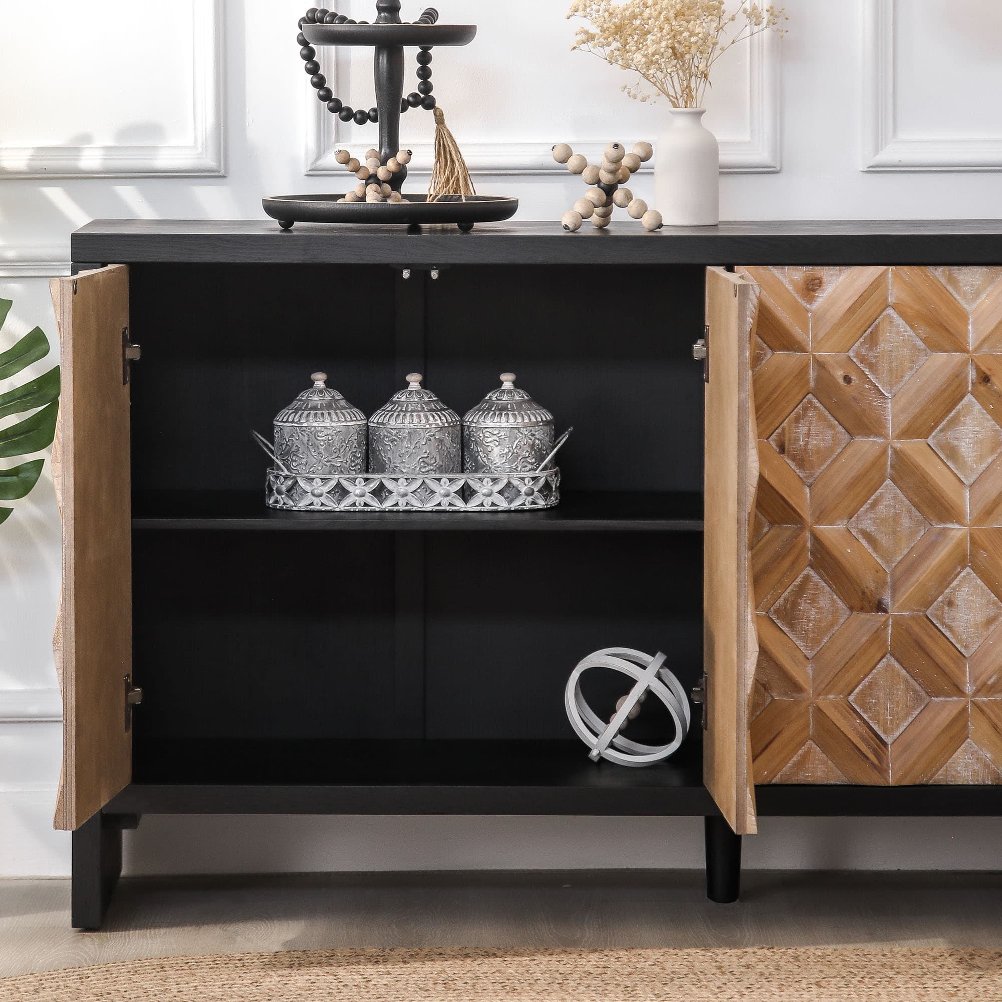Rustic 4 - Door Wood Cabinet with Geometric Pattern – Modern Storage Solution for Any Space