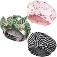 thumbnail image 1 of 3 gorros de ducha para mujer, gorros de ducha reutilizables impermeables, gorros de baño de satén con lazo, gorros de baño de ducha con turbante con dobladillo elástico, 1 of 5