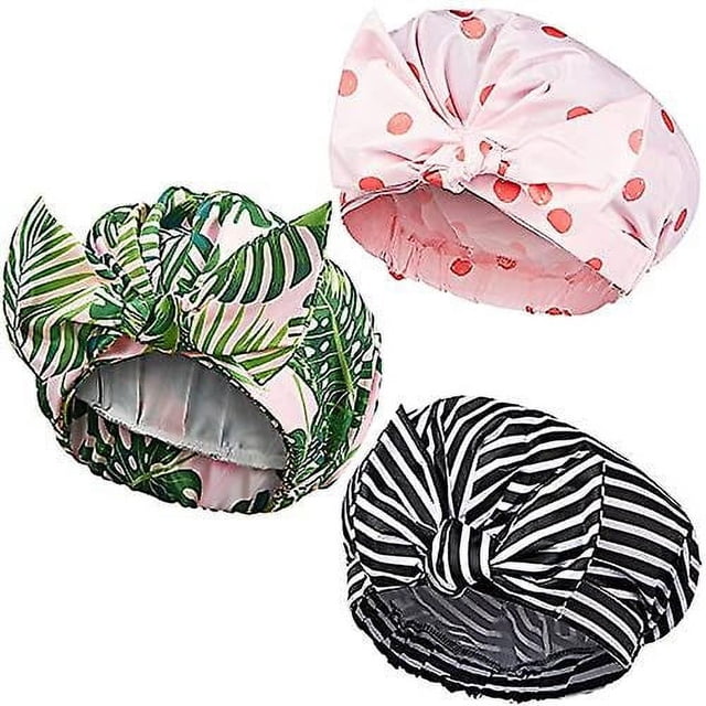 3 gorros de ducha para mujer, gorros de ducha reutilizables impermeables, gorros de baño de satén con lazo, gorros de baño de ducha con turbante con dobladillo elástico