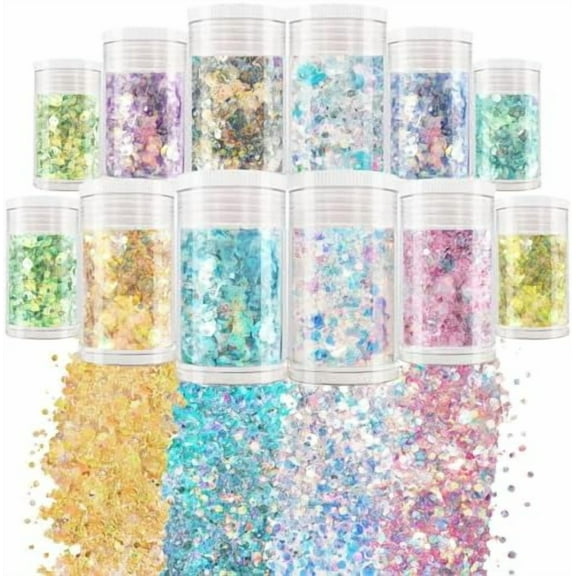 Opal Chunky Glitter,12 * 5g Magic Opal Craft Glitter Holographic Iridescent Glitter Mixed Chunky Fine Glitter for Resin,Bulk Nail Flakes Mermaid Sequin for Snowglobe Tumbler Supply DIY Nail Art