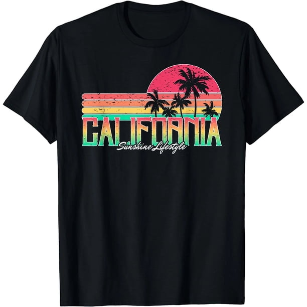 Playera de Mujer California Vintage con Atardecer y Palmeras Negra Talla Grande