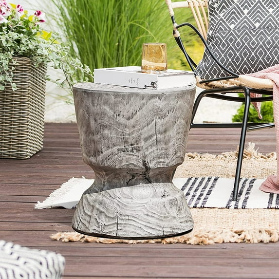 Yangming Concrete Side Table, 14.6 Inch Round Accent Table, Faux Wood Stump Stool, Gray