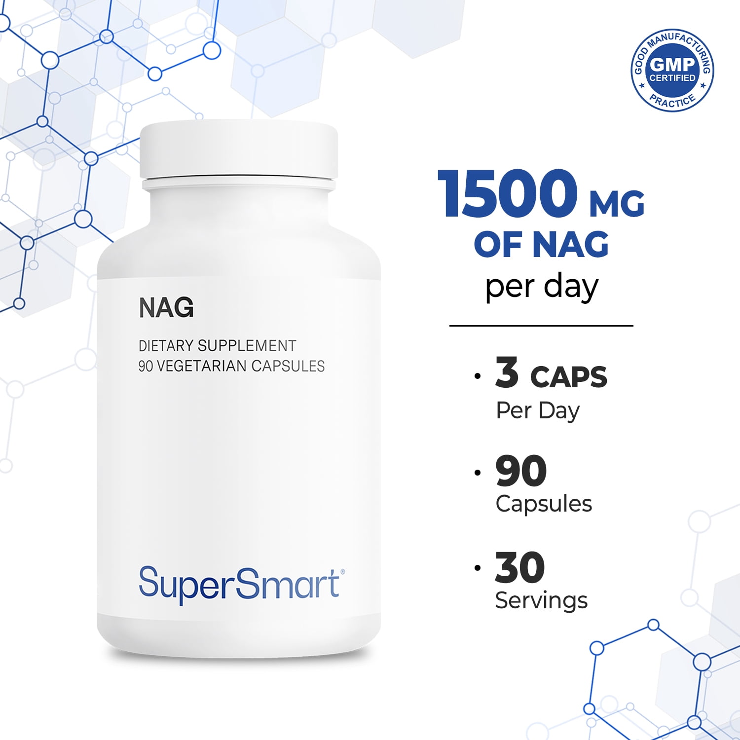 SuperSmart NAG Supplement 1500mg per Day (N-Acetyl Glucosamine) - High Absorption Glucosamine Sulfate | Non-GMO & Gluten Free - 90 Vegetarian Capsules