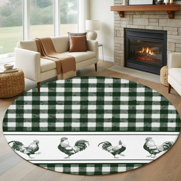 Farmhouse Green Plaid Round Area Rug 6Ft Washable Circle Rugs for Bathroom Office, Vintage Country Cock Checkered Non-Slip Carpet Floor Mats Indoor Outdoor Carpet Runner Aesthetic Home Decor