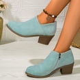 thumbnail image 4 of Ankle Boots for Women Low Top Zip up Retro Leather Chelsea Booties Pointed Toe Stacked Mid Heel Dress Boots Blue Size 7, 4 of 7