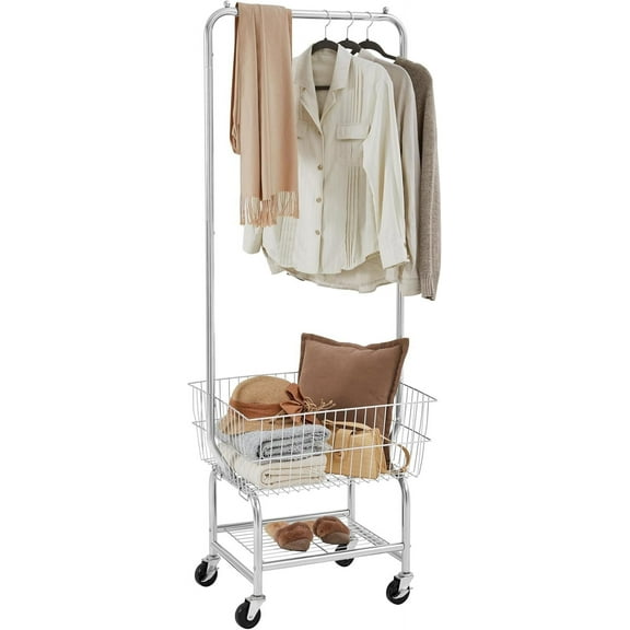 Laundry Cart with Wheels, Rolling Laundry Bakset with Hanging Rack, Silver Laundry Organizer, Chrome-plated Metal Wire, 21.5 x 25 x 70.5 Inch