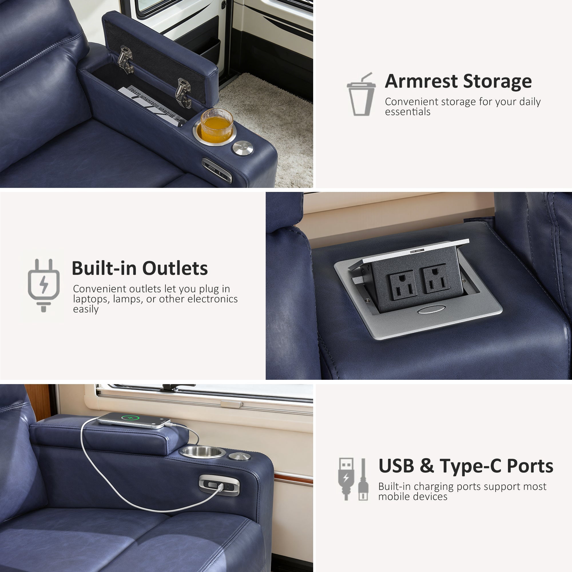 MCombo 73" Wall Hugger Power Loveseat Recliner with Console for Small Spaces, RV, 360° Swivel Tray Table, Armrest Storage, Navy Blue
