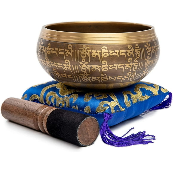 Tibetan Singing Bowl Set - Easy To Play Authentic Handcrafted For Meditation Sound Chakra Yoga Healing 4 Inches By Himalayan Bazaar (Brown & Blue)