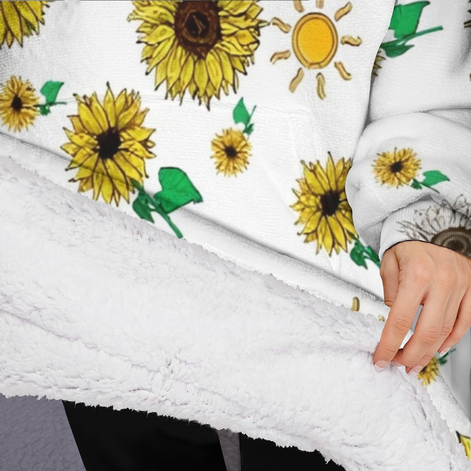 Oversized Wearable Blanket Hoodie,White Sunflower Butterfly Sun Pattern Sherpa Blanket Hoodie with Super Pockets,Super Warm Fuzzy Pullover for Women & Men