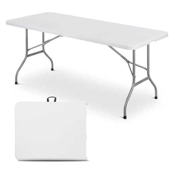 6ft Folding Table with Carry Handle, Portable Heavy Duty Plastic Utility Table with Steel Legs for Party, Wedding, Camping, Indoor, Outdoor Event, 72 Inch, White
