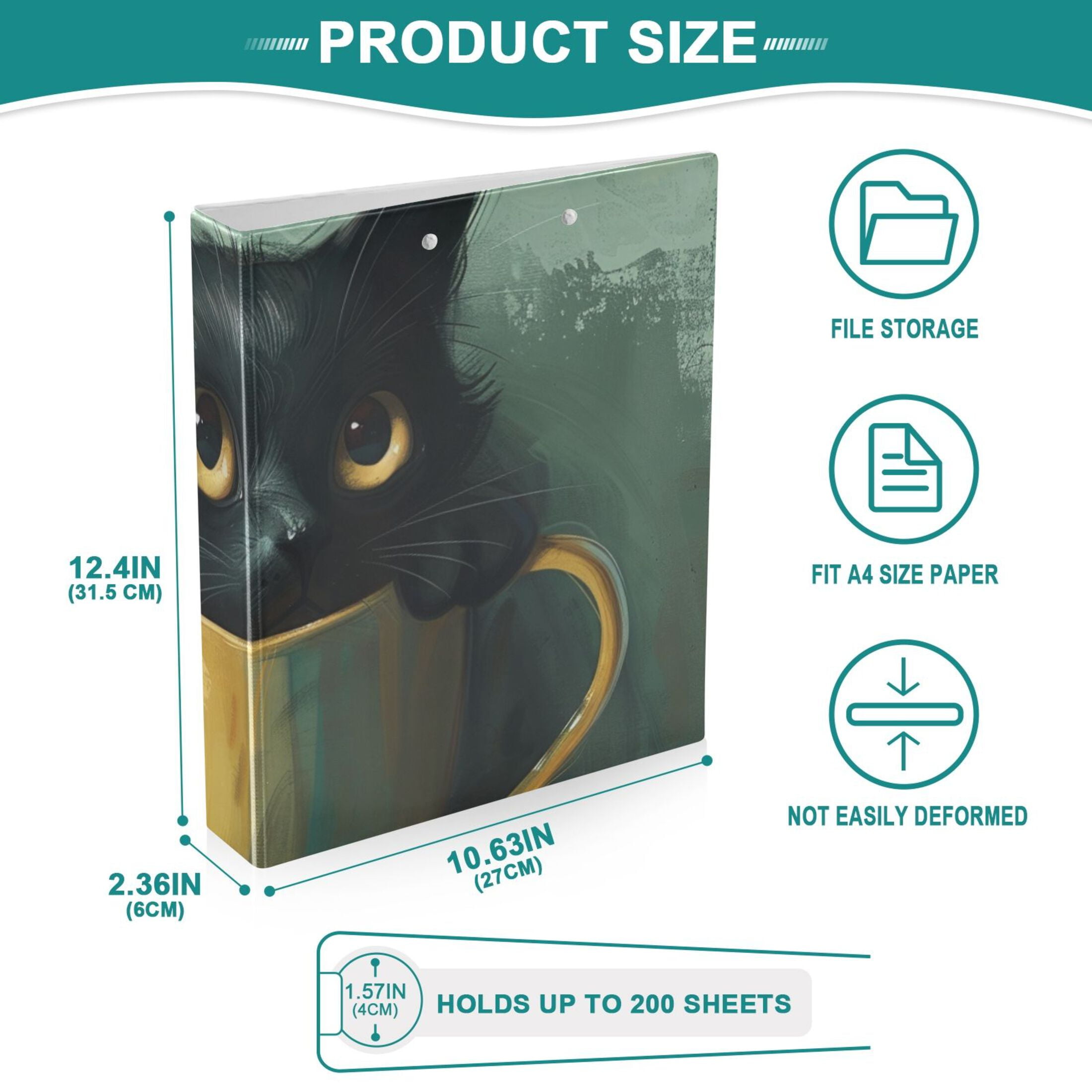 Cat Cup 3 Ring Binders 1.5 inch Hardcover File Folders with Interior Pockets A4 Size Organizer for School Office Hospital Set of 2