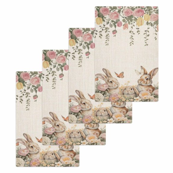 Easter Rabbits Kitchen Dish Towels for Drying Dishes Set of 4, Spring Flowers Butterfly Bunny Plants Beige Waffle Weave Microfiber Hand Tea Bathroom Towels Quick Dry & Absorbent Towel 15.7x23.6