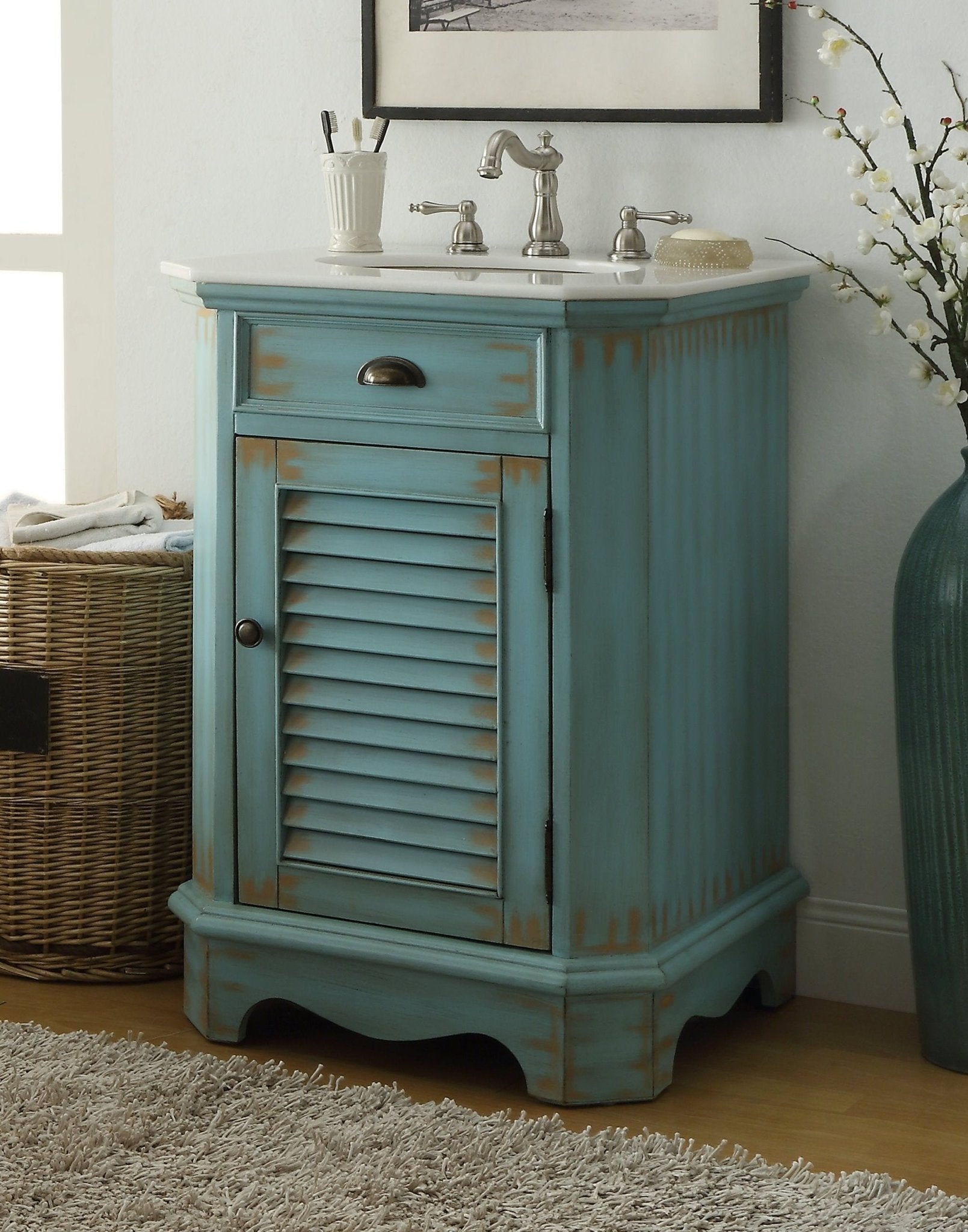 Benton Collection 24" Distressed Blue Bathroom Vanity with White Marble Top