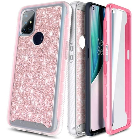 For OnePlus Nord N10 5G Case with [Built-in Screen Protector], Nagebee Full-Body Protective Shockproof Rugged Bumper Cover, Impact Resist Durable Phone Case (Pink Glitter)