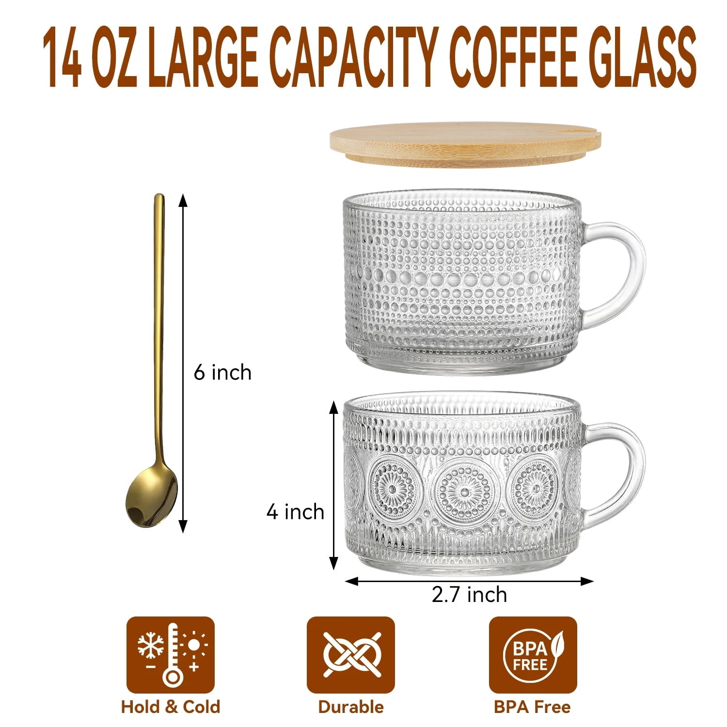 4PCS Vintage Glass Coffee Mugs with Bamboo Lids and Spoons,14oz Overnight Oats Containers Coffee Cups ,Double Glass Cups,Iced Coffee GlassesCoffee Bar Accessories,Clear
