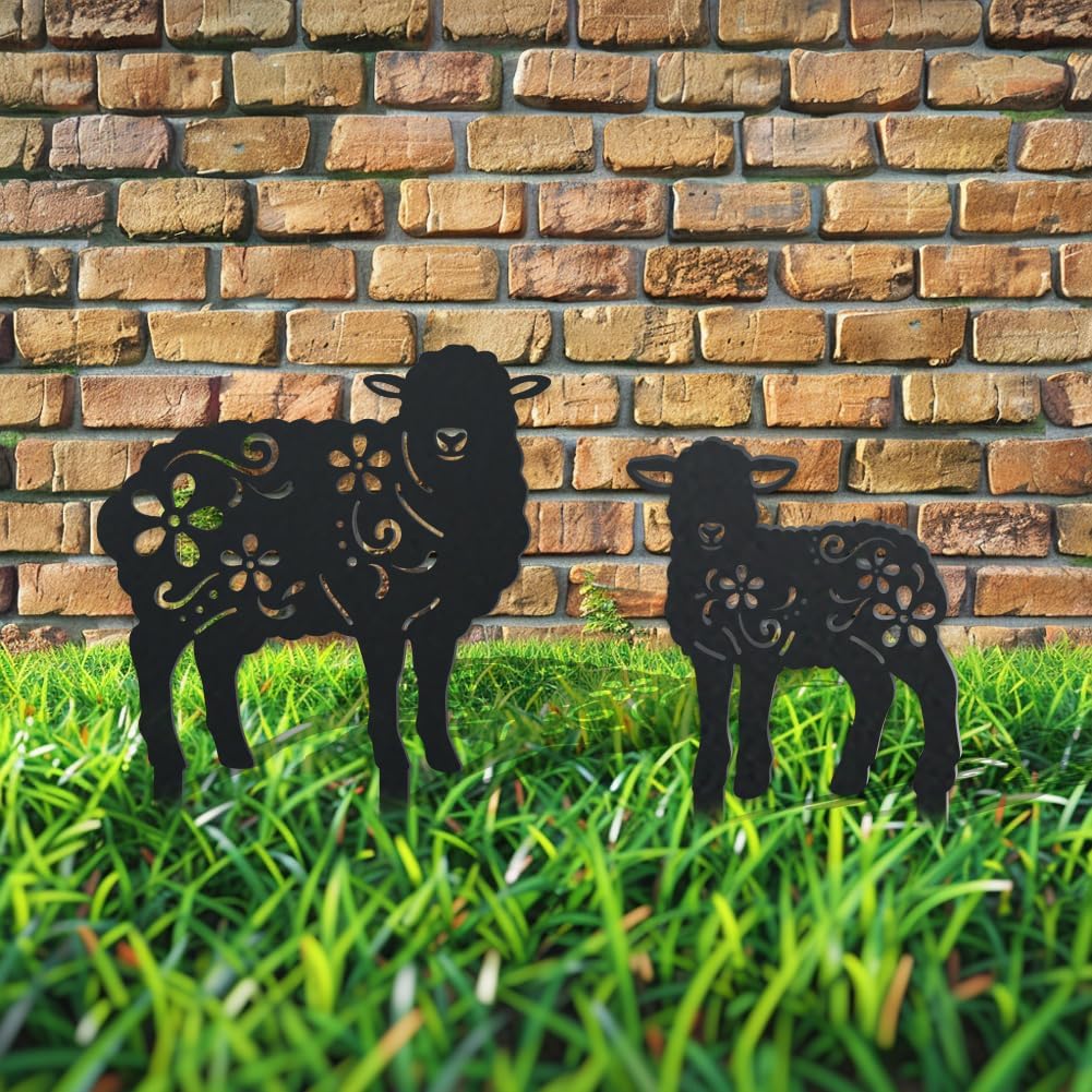 2 Styles Sheep Metal Decorative Garden Stakes Funny Sheep Flowers Metal Silhouette Statues Animal Garden Ornament Gifts Black Yard Art Decoration