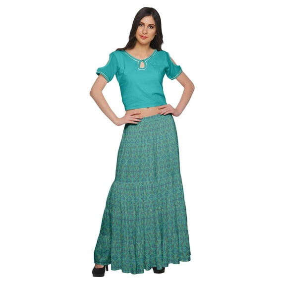 Moomaya Printed Two Piece Flared Skirt And Crop Top Rayon Ethnic Set For Girls