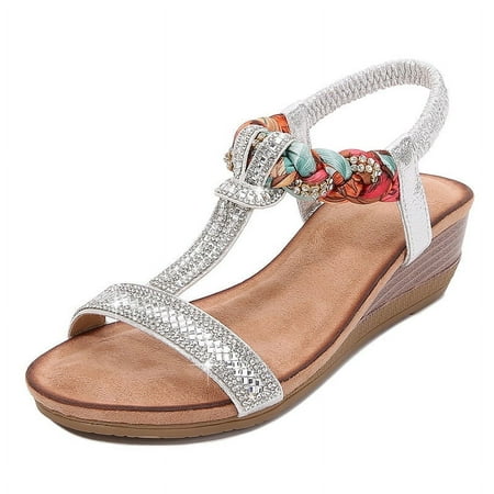 

FAIZE Women s Sparkly Rhinestone T-strap Wedge Sandals Boho Open Toe Platform Elastic Retro Dress Shoes-Silver||41码