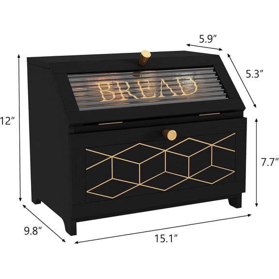 Double Layer Bread Box With Golden Trim for Countertop, Wooden Bread Container for Kitchen Counter, Corner Bread Storage (Black1)