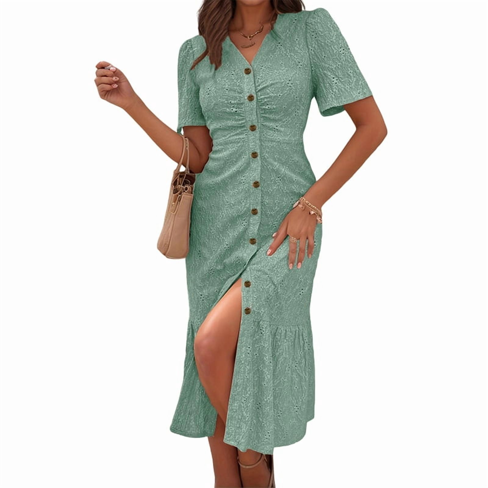 Women'S Short Sleeve V Neck Sundress Summer Casual Button Floral Dress with Pockets Light Green XL