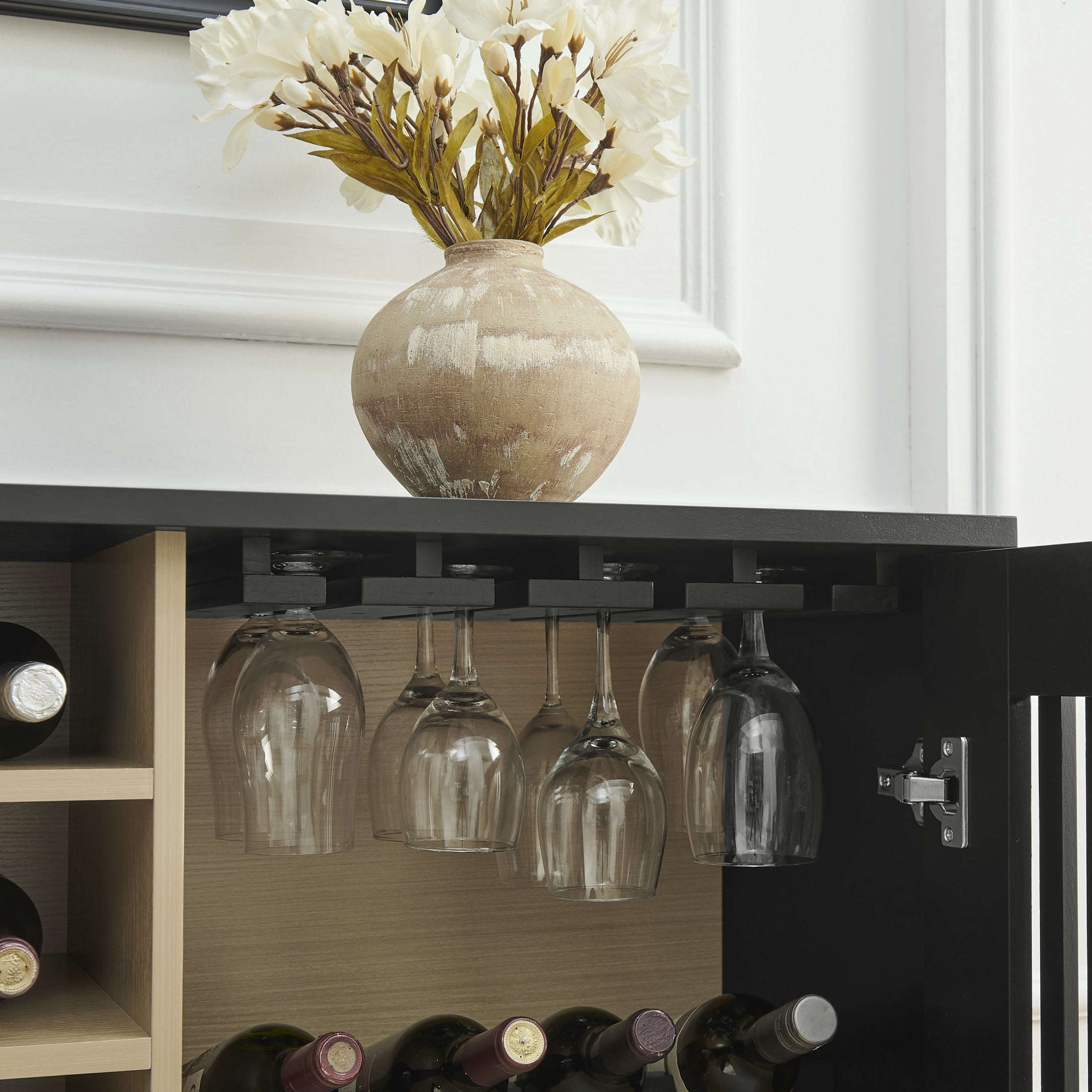 GDF Studio 43.1" Mid Century Modern Fluted Liquor Cabinet with Wine Rack & Glass Holder, Black
