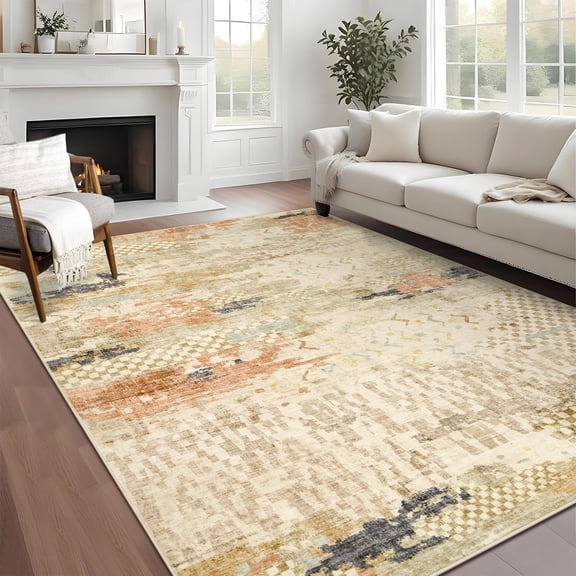 Garvee 5x7 Modern Abstract Area Rug Machine Washable Rug, Soft Non-Slip Indoor Carpet for Living Room Bedroom Home Office, Camel