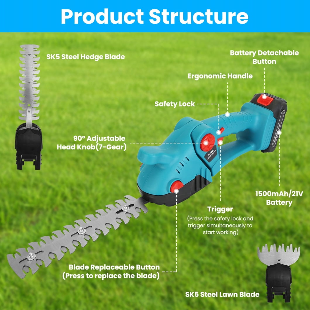 Cordless Grass Shear, 3-in-1 Handheld Hedge Trimmer, 21V Electric Grass Trimmer & Shrubbery Trimmer, Battery Operated Hedge Trimmer for Garden/Lawn with Battery and Charger