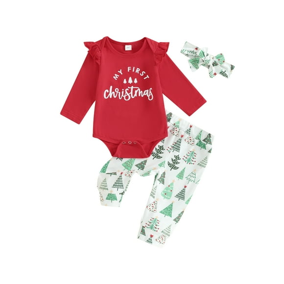 Gupgi 2pcs Baby Girl Christmas Outfits 0-18M Long Sleeve Romper+Christmas Tree Snowflake Pants
