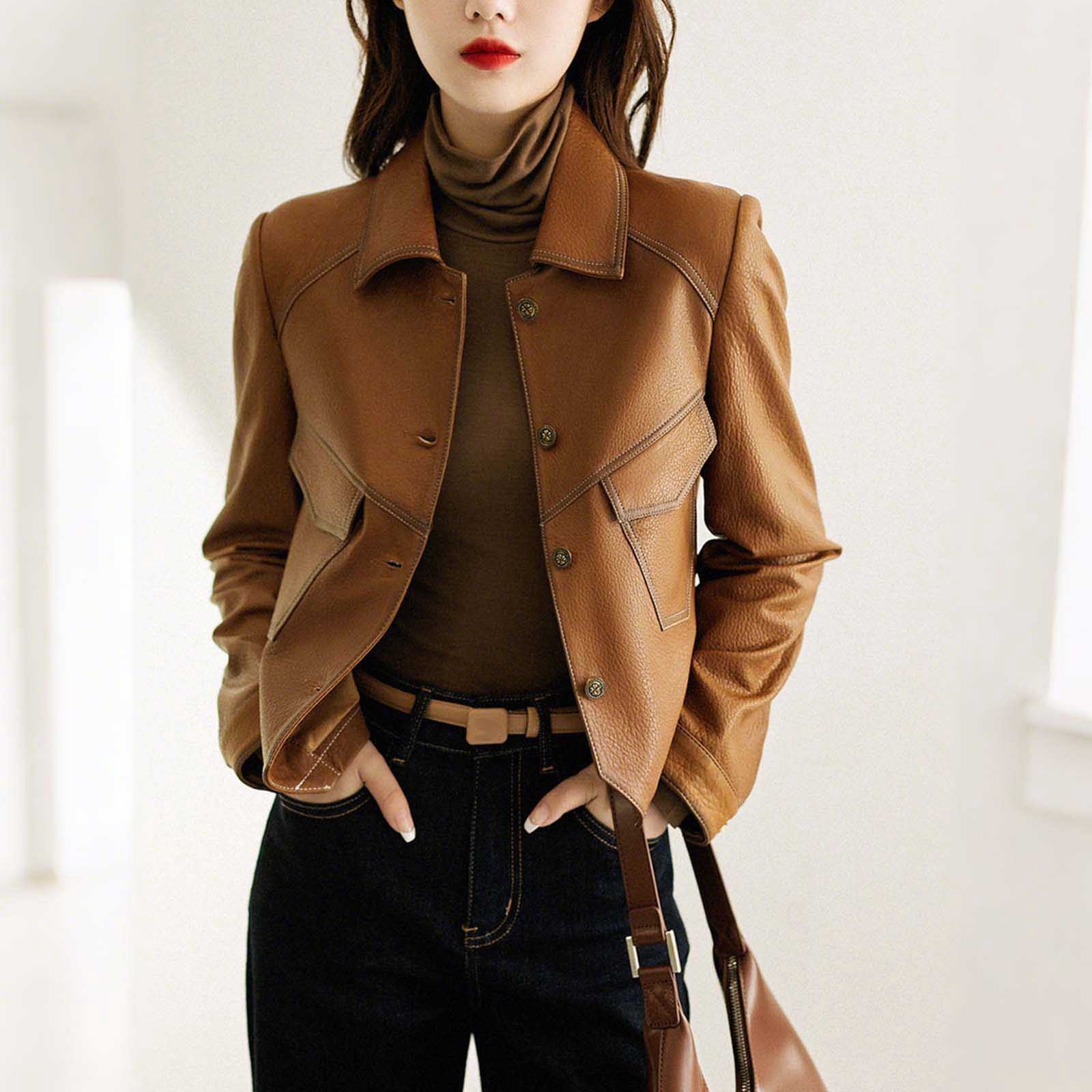 TKLPEHG Leather Jacket Women Cropped Vintage Faux Leather Jackets Long Sleeve Button Lapel Coats Spring Fall Fashion Coats (Brown,XXXL)