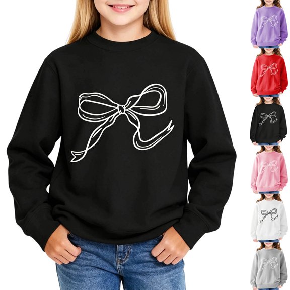 Tranfacy Middle Big Girls Fall Winter Sweatshirts Pullover Relaxed Solid Bow Print Long Sleeve Round‑Neck Daily Outfit Tops for 2‑13 Years Old