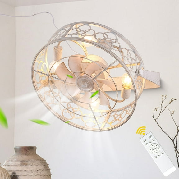 Cusp Barn 23" White Farmhouse Carving Caged Ceiling Fan with Remote and Lights, Wall Mounted Fan with Lights