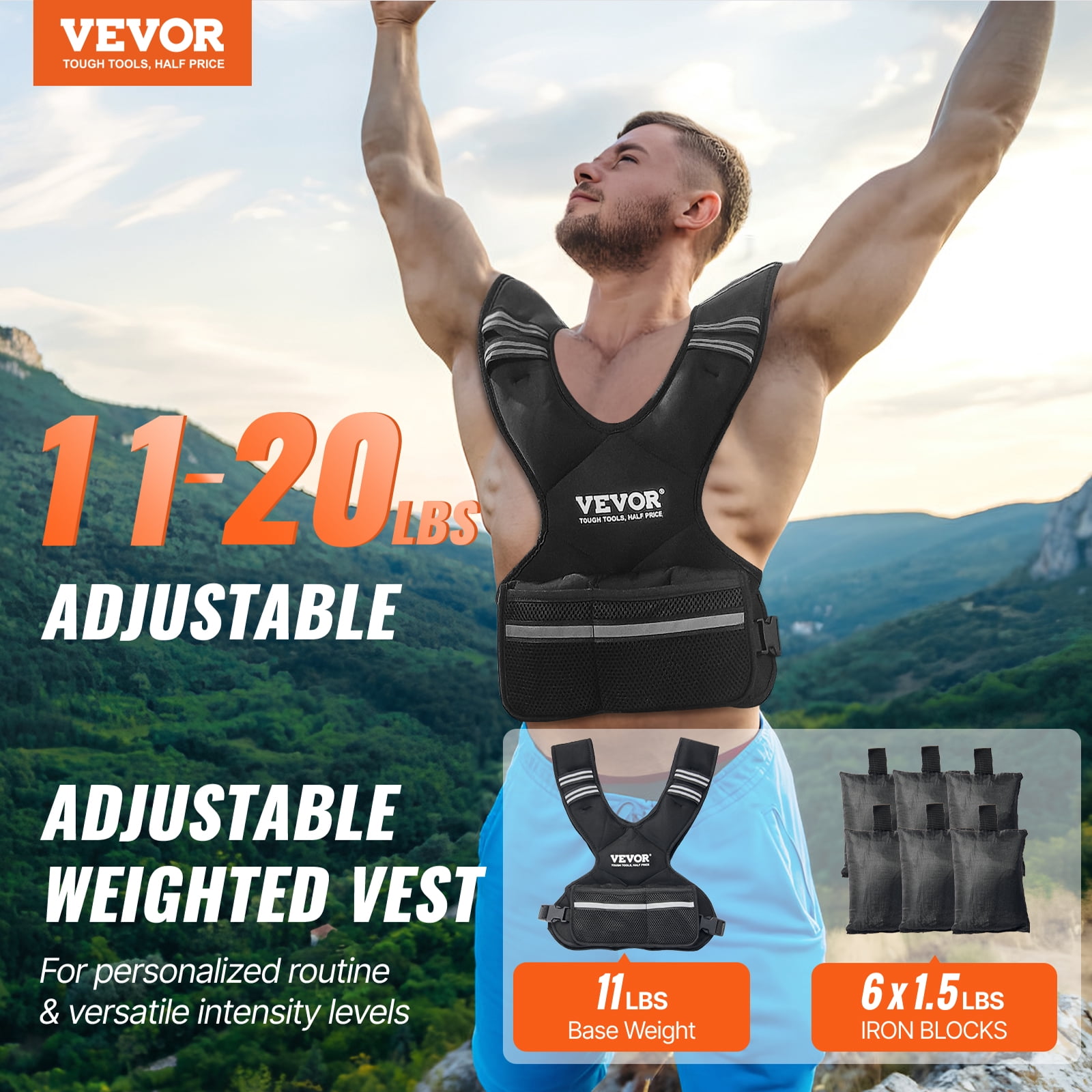 VEVOR Adjustable Weighted Vest, 11-20lb Weight Vest with 6 Ironsand Weights and Reflective Stripe, Body Weight Vest Exercise Set for Men Women, Workout Equipment for Strength Training Running