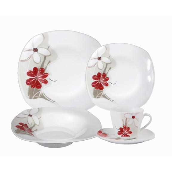 Stylish and Elegant 20 Pieces Porcelain Square Dinnerware Set Service for 4 People for Hosting Parties and Events - Fun Red and Tan Floral Design