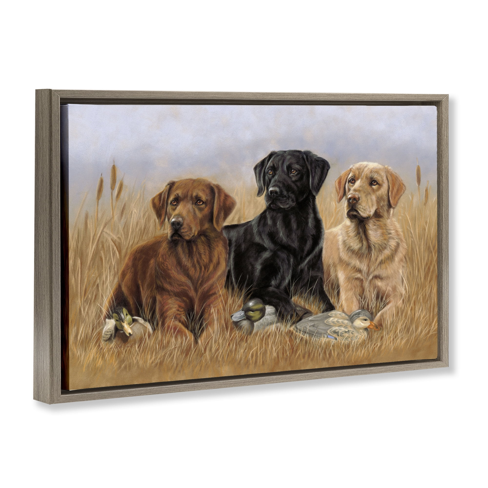 Stupell Industries Dog Trio & Ducks Animals & Insects Painting Brown Floater Framed Canvas Art Print Wall Art, 25 x 17