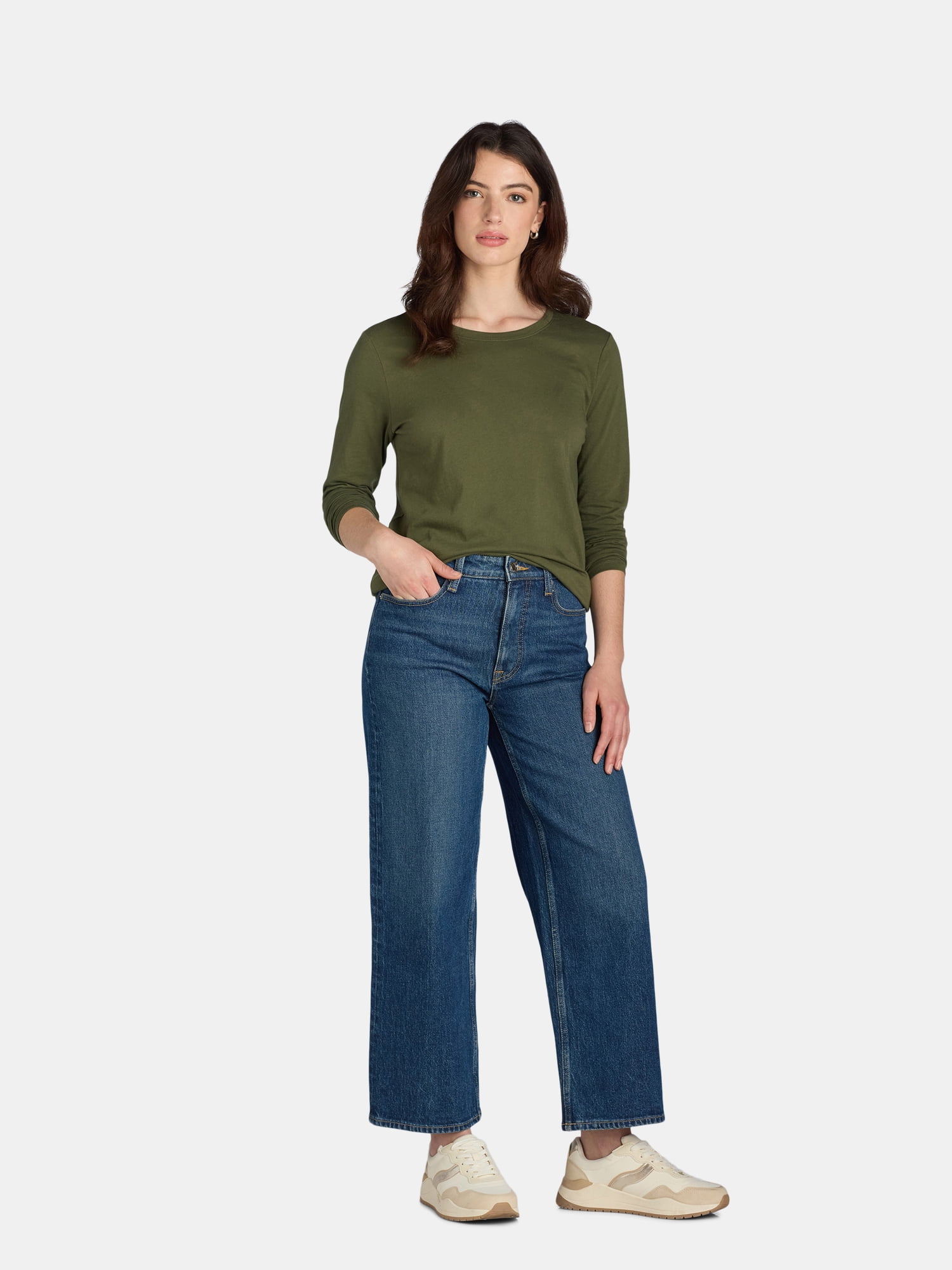 Time and Tru Women's Cotton Crewneck Tee with Long Sleeves, Single and 3 Pack, Sizes XS-XXXL