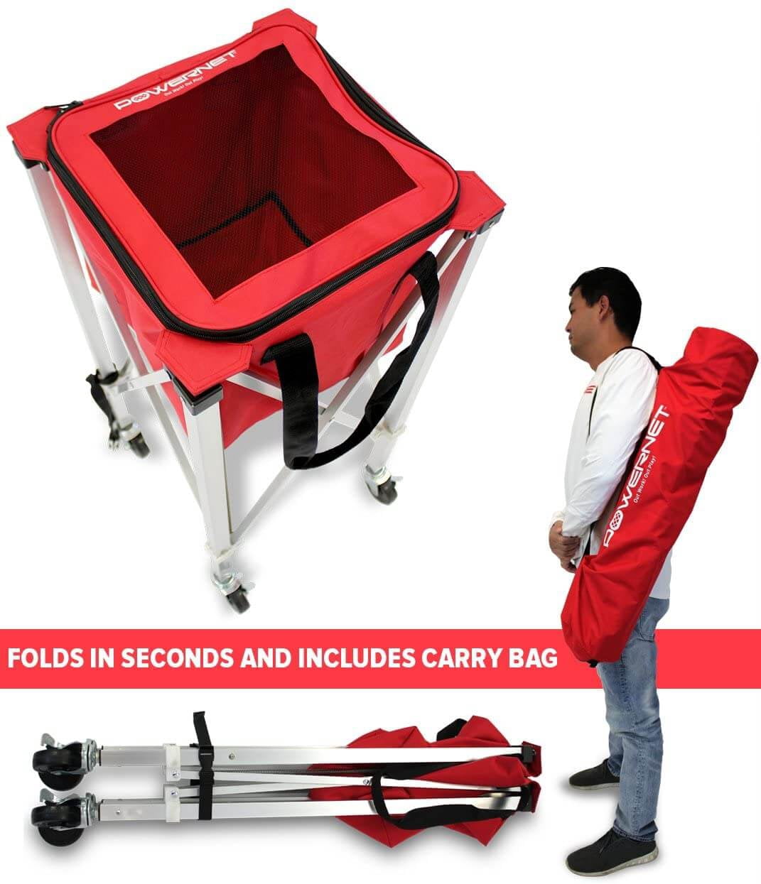 PowerNet Wheeled Ball Caddy Cart for Baseball Softball and Tennis Balls, Portable Multi Sport Ball Holder for Storage, Baseball & Tennis Ball Hopper for Use During Training and Drills