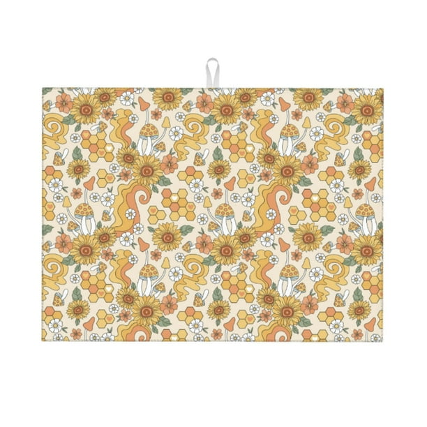 Balery Retro 70s 60s Flower Alfombrilla de Secado para Cocina, 18x24 Pulgadas, Súper Absorbente para Platos y Encimeras