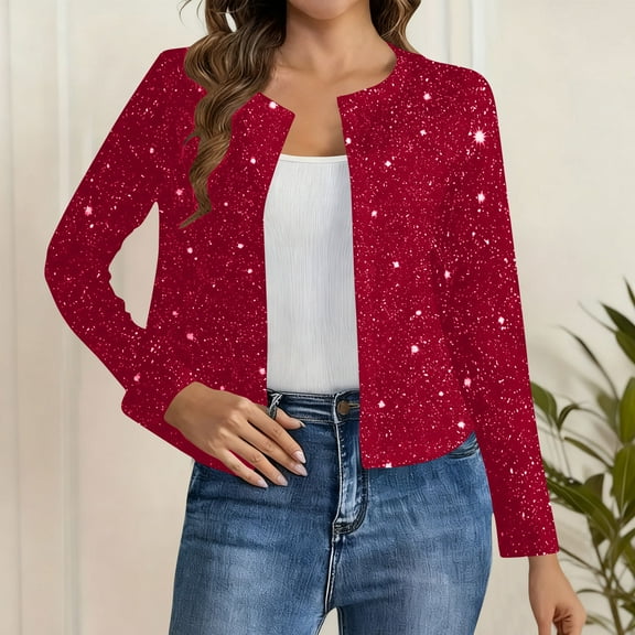 UQJfacai Womens Sequin Jackets Open Front Slim Fit Cropped Blazer Jacket Casual Long Sleeve Sparkly Party Cardigan Coat S-2XL