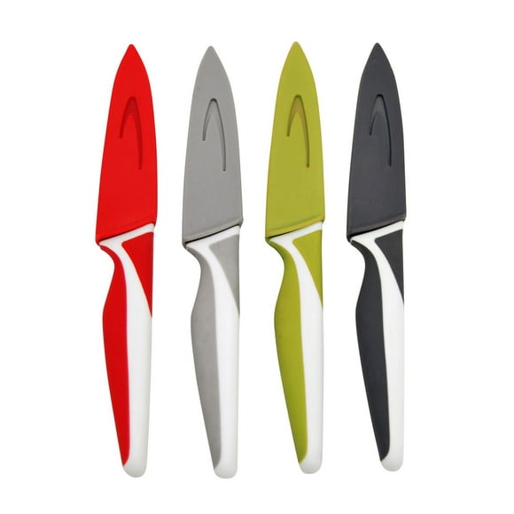 Starfrit Gourmet Ensemble De 4 Couteaux À Parer Avec Étui, Lame En Acier Inoxydable 3,5", Manche Antidérapant, Code Couleur, Rangement Sécuritaire