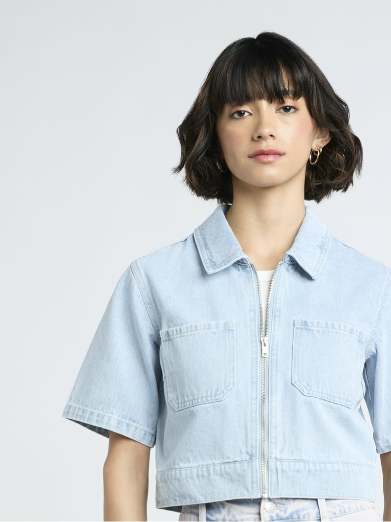 Madden NYC Women's Cropped Zip Up Trucker Jacket - Walmart.com