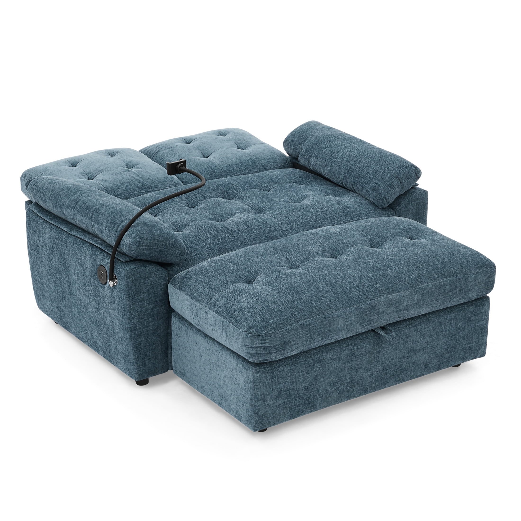 Noble House Wesley Double Sofa Recliner, Adjustable Chenille Fabric Chair with Charging Port and Storage Ottoman, Blue